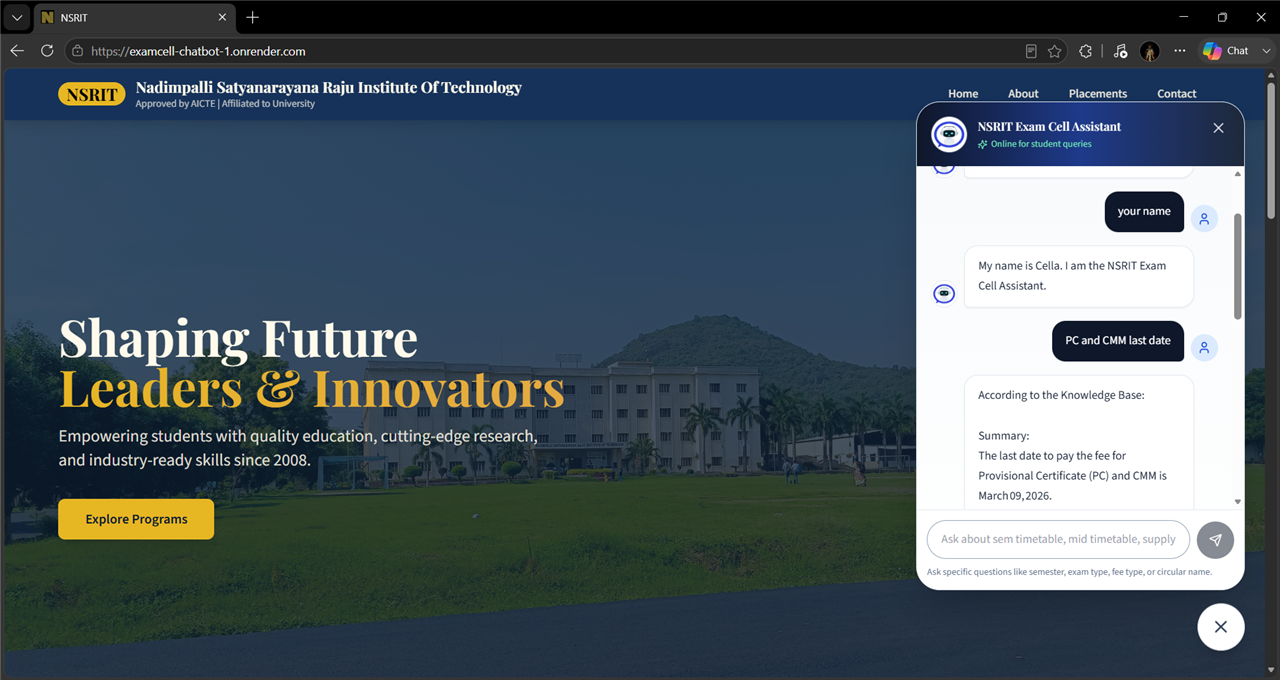 Examination Cell Chatbot project screenshot